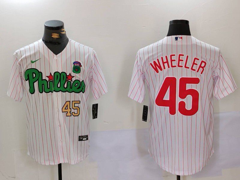 Men Philadelphia Phillies 45 Wheeler White stripe Second generation Joint Name 2024 Nike MLB Jersey style 2